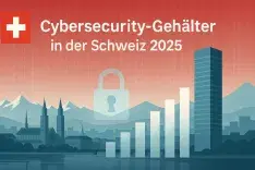 Illustration zum Code Labs Academy-Bericht „Cybersecurity-Gehälter Schweiz 2025“: Zürcher Skyline, Schweizer Flagge, Schlosssymbol und ansteigendes Gehaltsbalkendiagramm.