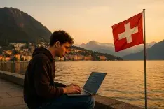 Giovane programmatore che scrive codice su laptop al tramonto sul lungolago di Lugano, con bandiera svizzera e Alpi sullo sfondo.