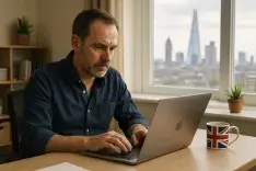 Mid-career professional working on a laptop in a home office, with London’s Shard visible through the window and a Union Jack mug on the desk.