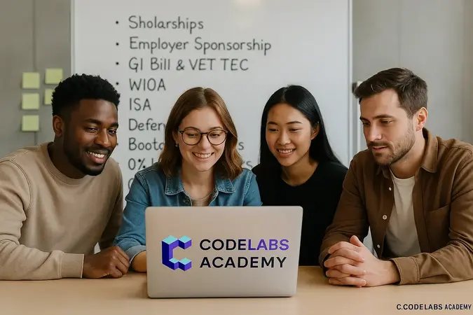 Illustration of diverse aspiring developers gathered around a laptop displaying the Code Labs Academy logo, comparing nine coding-bootcamp funding options—scholarships, employer sponsorship, GI Bill & VET TEC, WIOA grants, income-share agreements, deferred tuition, bootcamp loans, interest-free installments, and crowdfunding—to make 2025 coding-bootcamp tuition affordable.