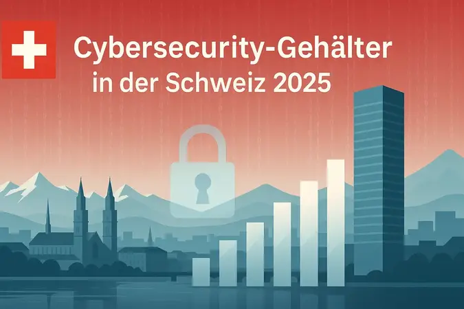 Illustration zum Code Labs Academy-Bericht „Cybersecurity-Gehälter Schweiz 2025“: Zürcher Skyline, Schweizer Flagge, Schlosssymbol und ansteigendes Gehaltsbalkendiagramm.