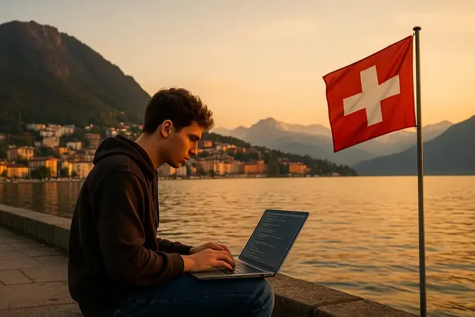 Giovane programmatore che scrive codice su laptop al tramonto sul lungolago di Lugano, con bandiera svizzera e Alpi sullo sfondo.