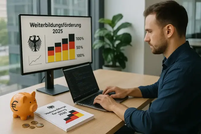 Junger Mann arbeitet in einem modernen Büro konzentriert am Laptop; auf dem Schreibtisch liegen ein orangefarbenes Euro-Sparschwein, einige Euro-Münzen und ein Booklet mit dem Titel ‚Weiterbildungsförderung 2025‘. Im Hintergrund zeigt ein Monitor ein Balkendiagramm mit Bundesadler und Prozentangaben – Symbolbild für staatliche Förderprogramme und finanzielle Zuschüsse zur beruflichen Weiterbildung.