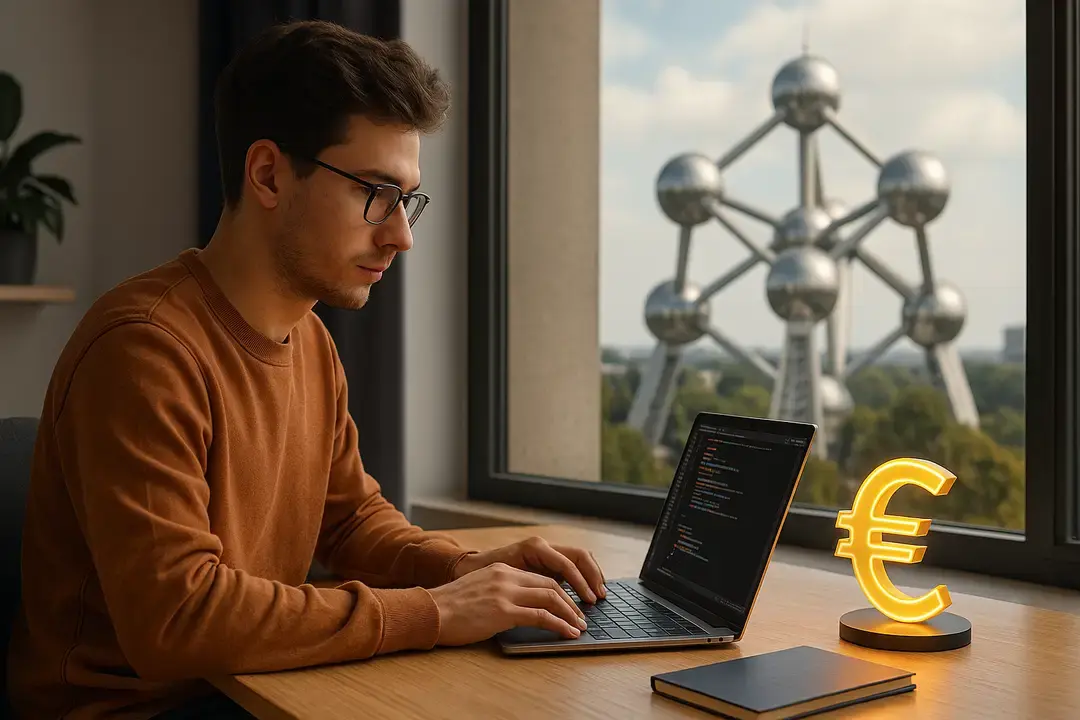 Photorealistic 3D render of a junior web developer coding in a Brussels office, Atomium visible outside and a glowing Euro symbol on the desk.