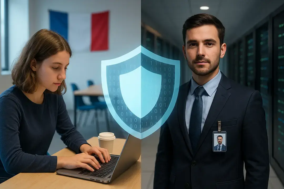 Illustration divisée : à gauche, une étudiante bootcamp tape sur son ordinateur devant un drapeau français ; à droite, un alternant cybersécurité en costume se tient dans un couloir de serveurs ; un bouclier translucide rempli de code binaire les sépare, symbolisant la protection des données.
