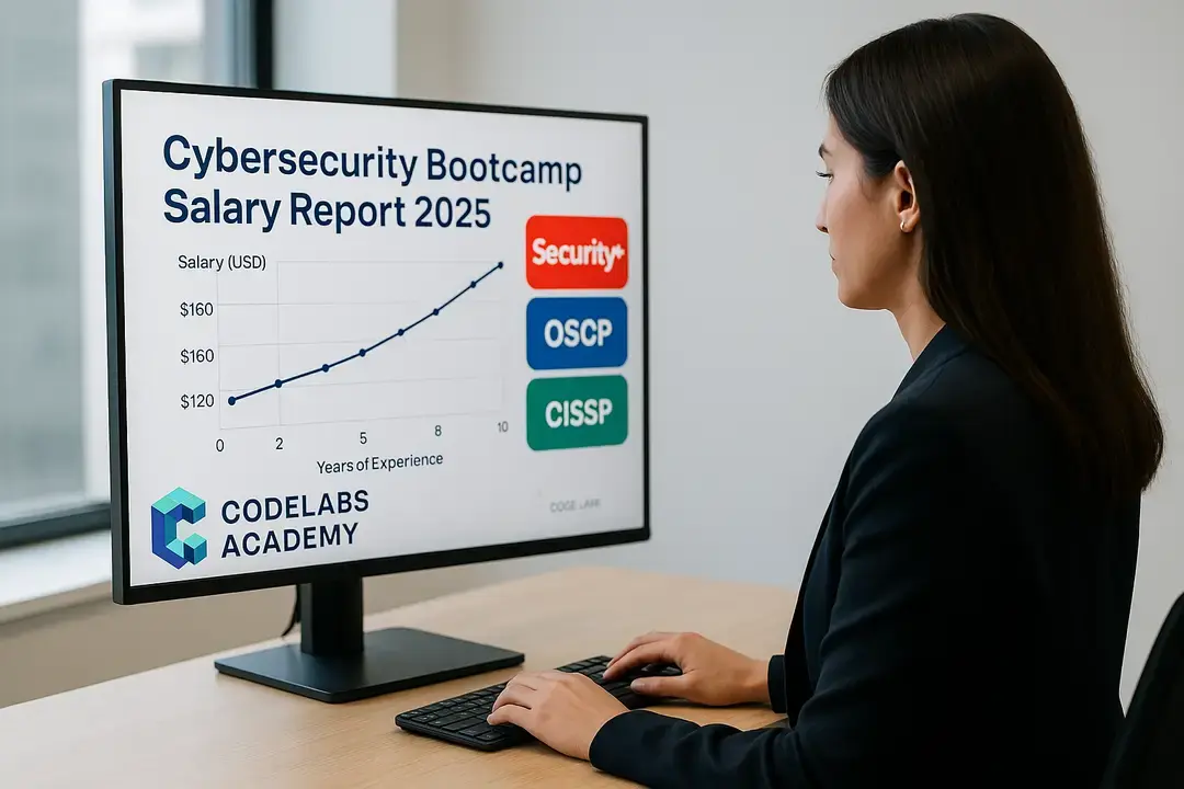 Cybersecurity bootcamp salary 2025 infographic—analyst reviewing U.S. pay-growth chart with CISSP, OSCP and Security+ badges highlighting entry-level to senior earnings.