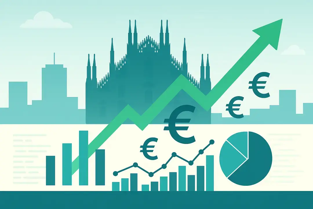 Illustrazione flat in stile vettoriale con skyline di Milano e Duomo sullo sfondo; in primo piano grafici a barre, freccia verde in salita e simboli dell’euro che simboleggiano la crescita degli stipendi dei Data Scientist in Italia.