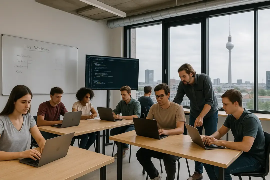 Live-Workshop am CLA-Campus Berlin: Studierende coden vor großen Fenstern mit Blick auf den Fernsehturm