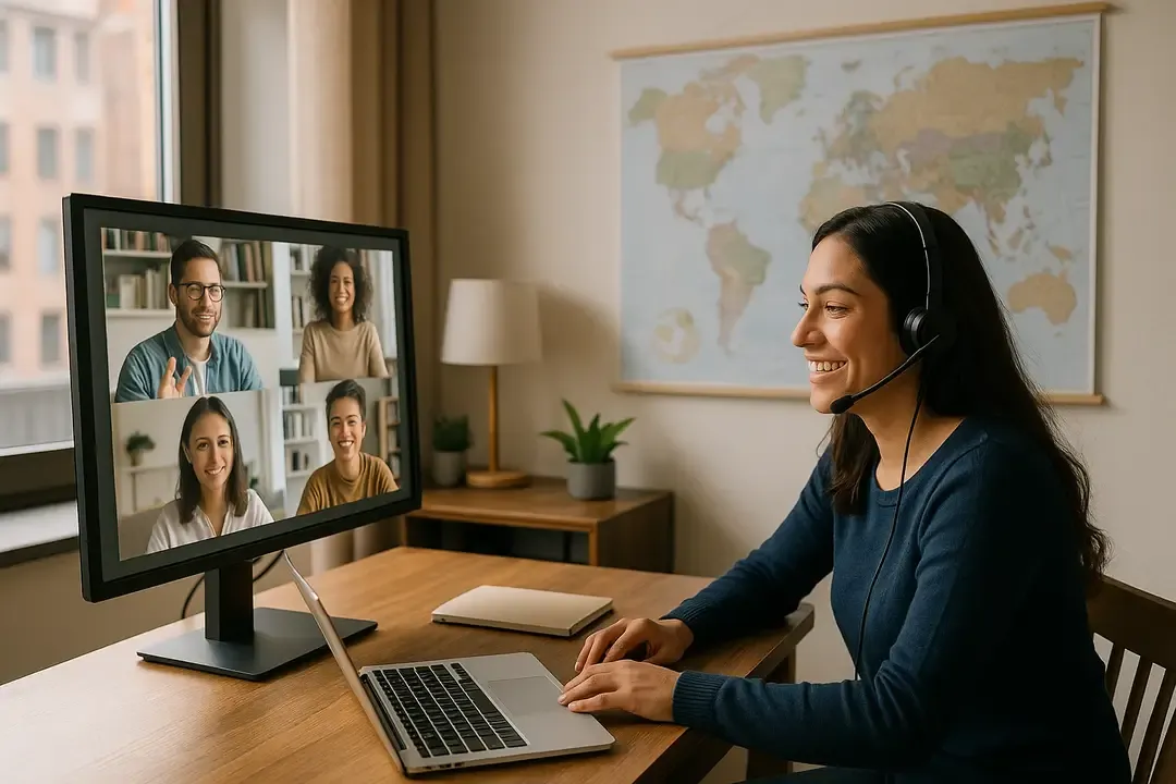 Studentin lernt remote mit Headset; Videokonferenz und Weltkarte verdeutlichen globales Online-Studium
