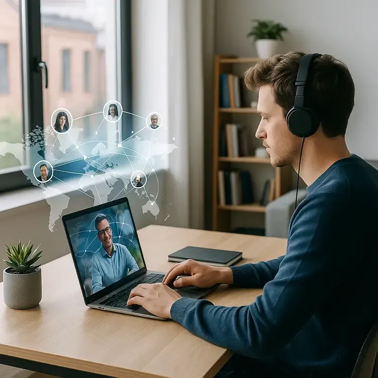 Student følger nettbasert kode-bootcamp hjemmefra; laptop viser videomøte mens verdenskart illustrerer global tilkobling