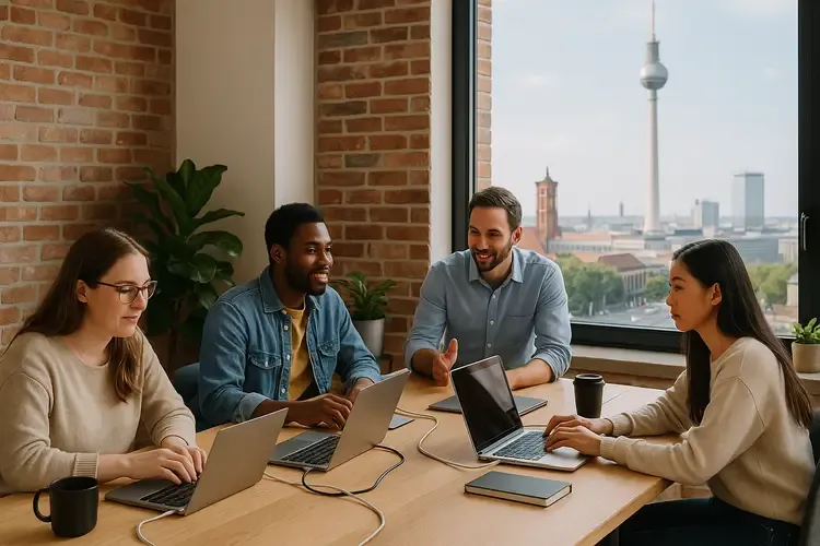 Studenter samarbeider på Code Labs Academys Berlin-campus; laptops koblet til lynraskt nett, TV-tårnet skimtes i vinduet