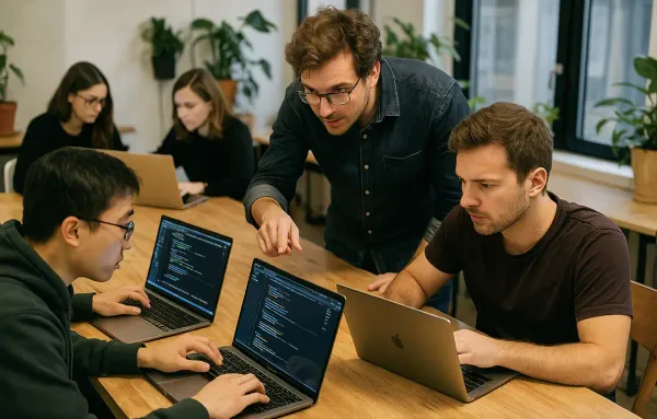 Teilnehmende entwickeln gemeinsam eine Web-App im Webentwicklung-Bootcamp der Code Labs Academy.