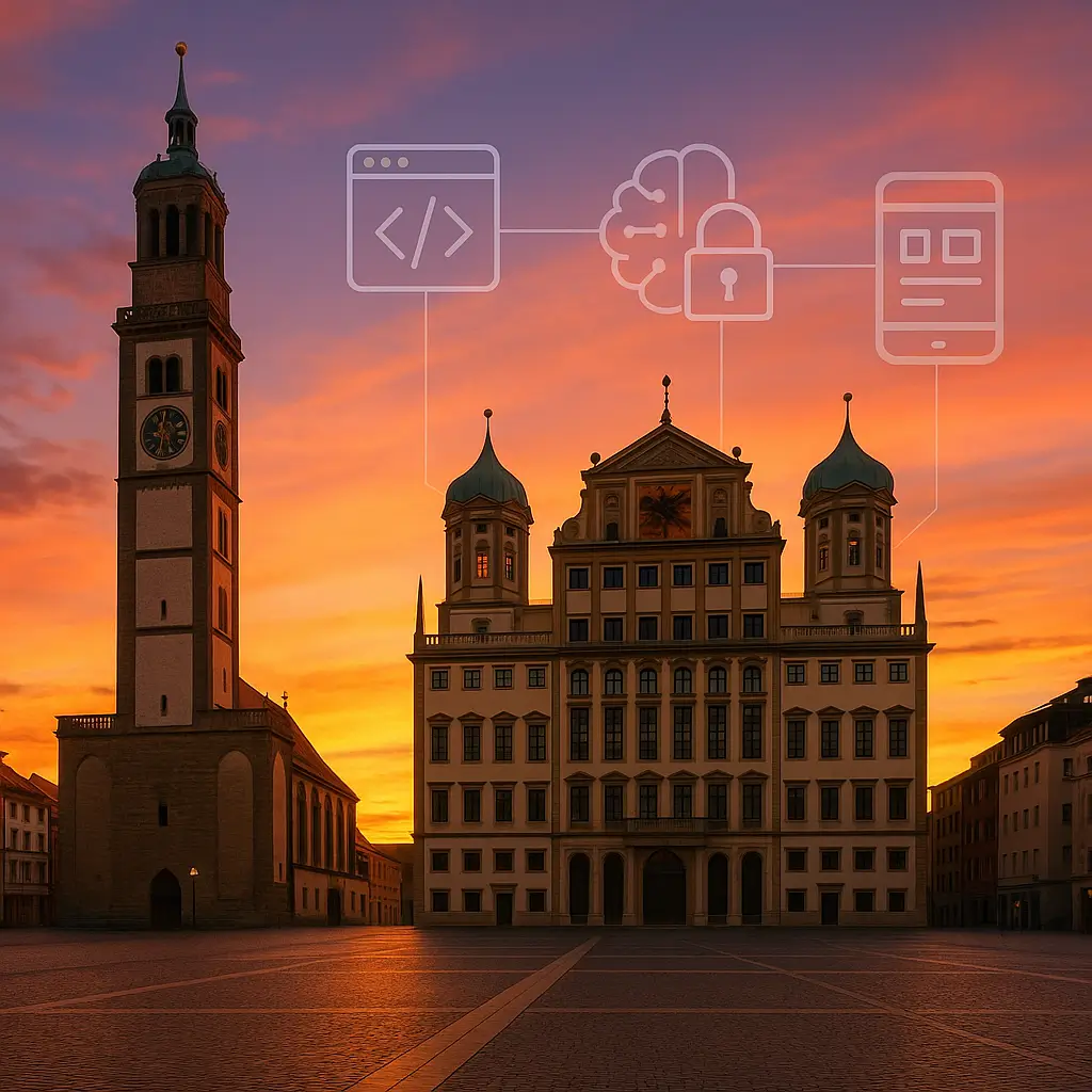 Rathausplatz Augsburg mit Perlachturm bei Sonnenuntergang; Icons für Webentwicklung, KI, Cybersicherheit, UX/UI