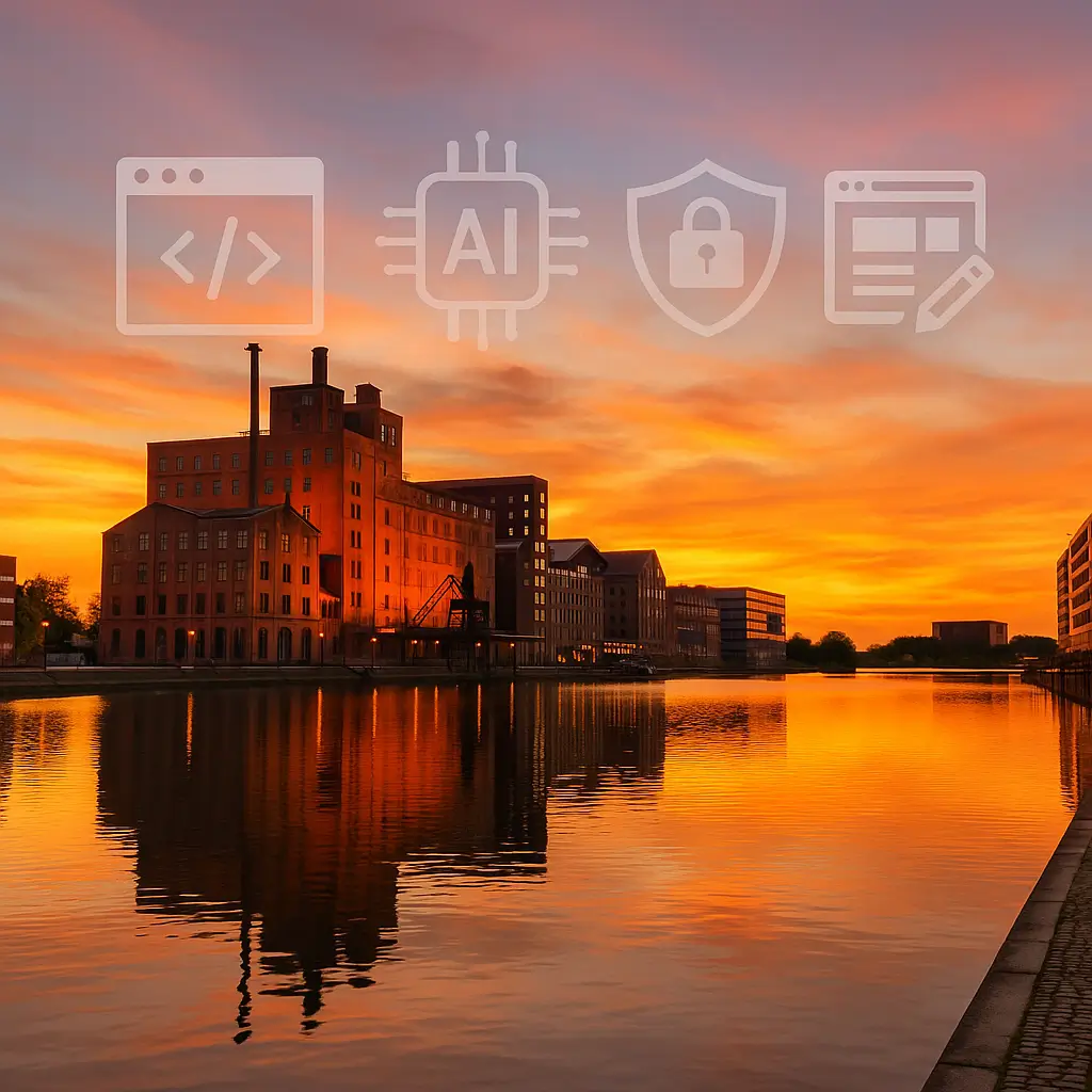 Innenhafen Duisburg bei Sonnenuntergang; Icons für Webentwicklung, KI, Cybersicherheit, UX/UI