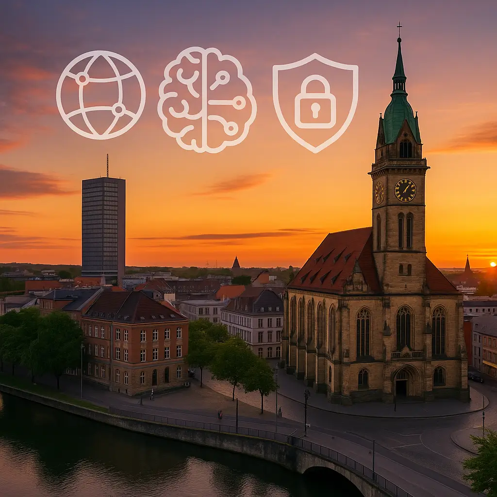 Hagener Rathauskirche, Volme und FernUni-Turm bei Sonnenuntergang; Icons für Webentwicklung, KI, Cybersicherheit, UX/UI