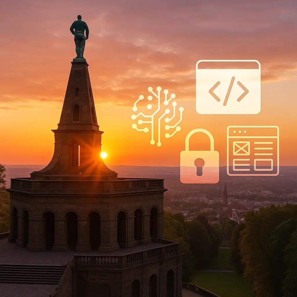Herkules-Monument Kassel bei Sonnenuntergang; Icons für Webentwicklung, KI, Cybersicherheit, UX/UI