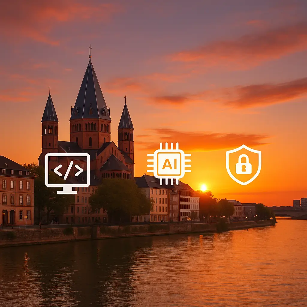 Mainzer Dom und Rheinpromenade bei Sonnenuntergang