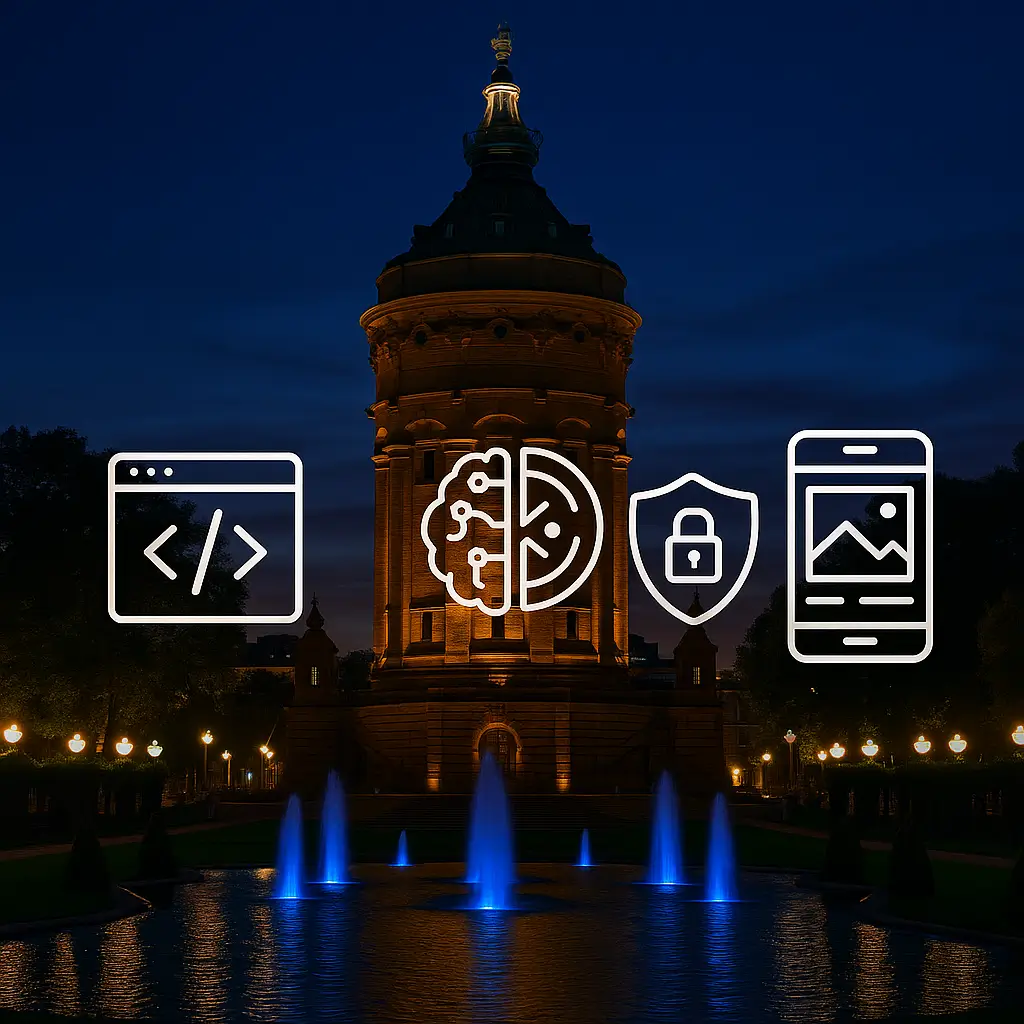 Wasserturm Mannheim bei Abenddämmerung mit beleuchteten Brunnen; Icons für Webentwicklung, KI, Cybersicherheit, UX/UI