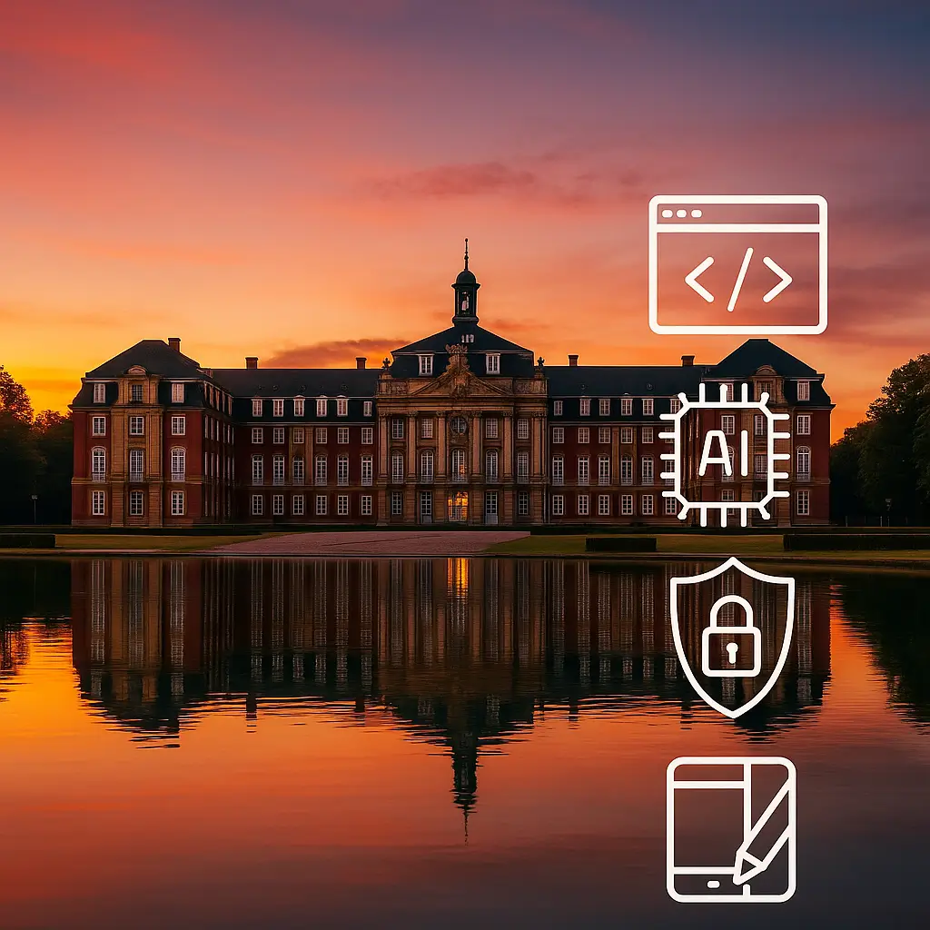 Schloss Münster bei Sonnenuntergang spiegelt sich im Aasee; Icons für Webentwicklung, KI, Cybersicherheit, UX/UI