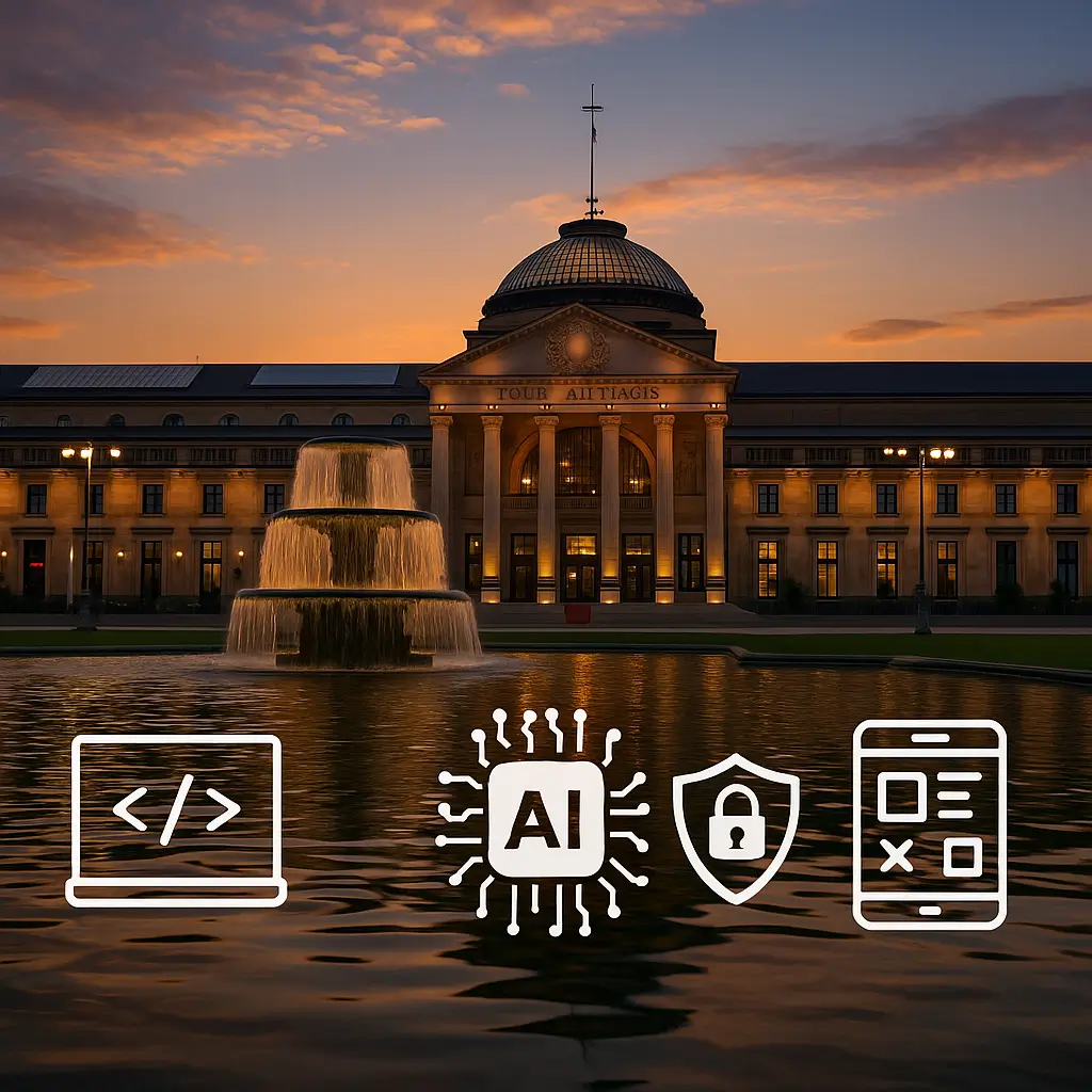 Kurhaus Wiesbaden und Springbrunnen bei Sonnenuntergang; Icons für Webentwicklung, KI, Cybersicherheit, UX/UI