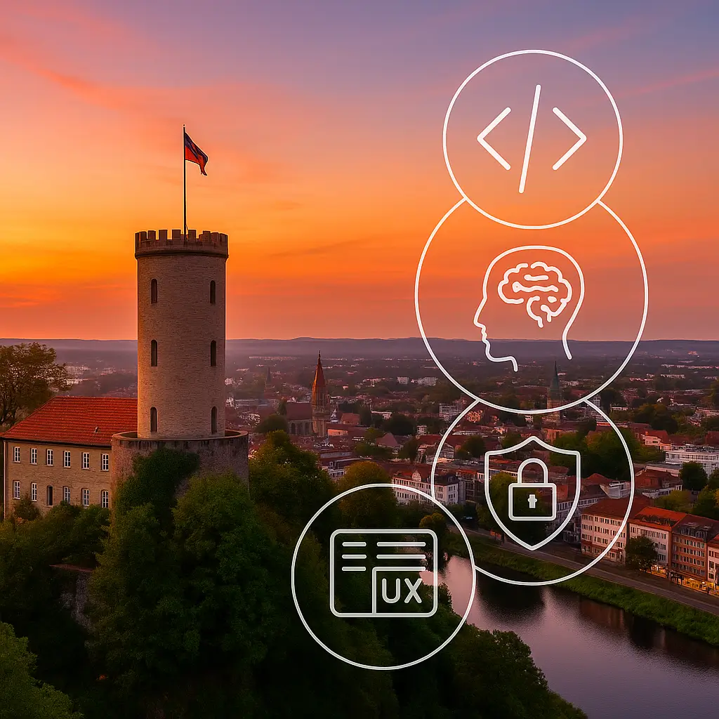 Sparrenburg Bielefeld bei Sonnenuntergang; Icons für Webentwicklung, KI, Cybersicherheit, UX/UI
