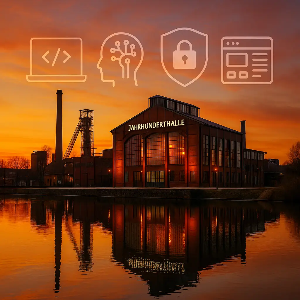 Jahrhunderthalle Bochum bei Sonnenuntergang mit Spiegelung im Wasser; Icons für Webentwicklung, KI, Cybersicherheit, UX/UI