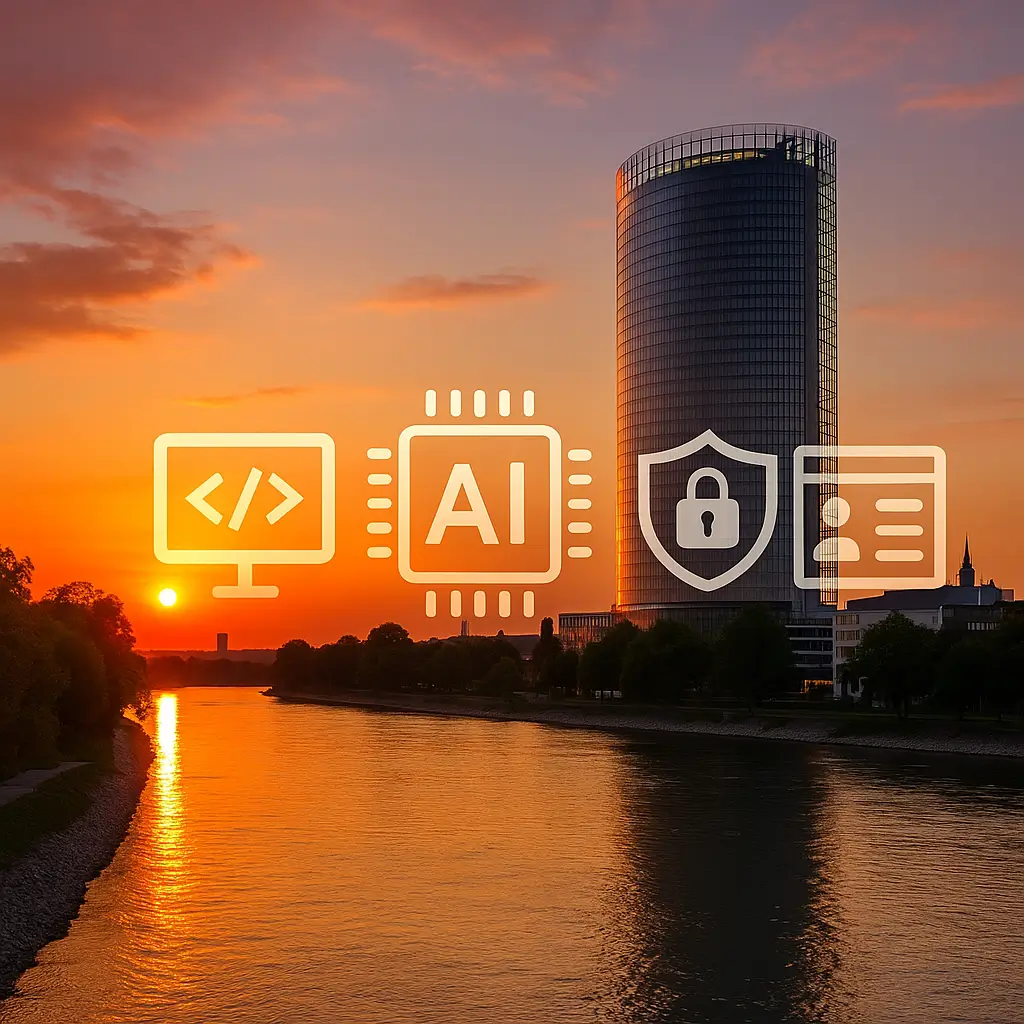 Post Tower Bonn am Rhein bei Sonnenuntergang; Icons für Webentwicklung, KI, Cybersicherheit, UX/UI
