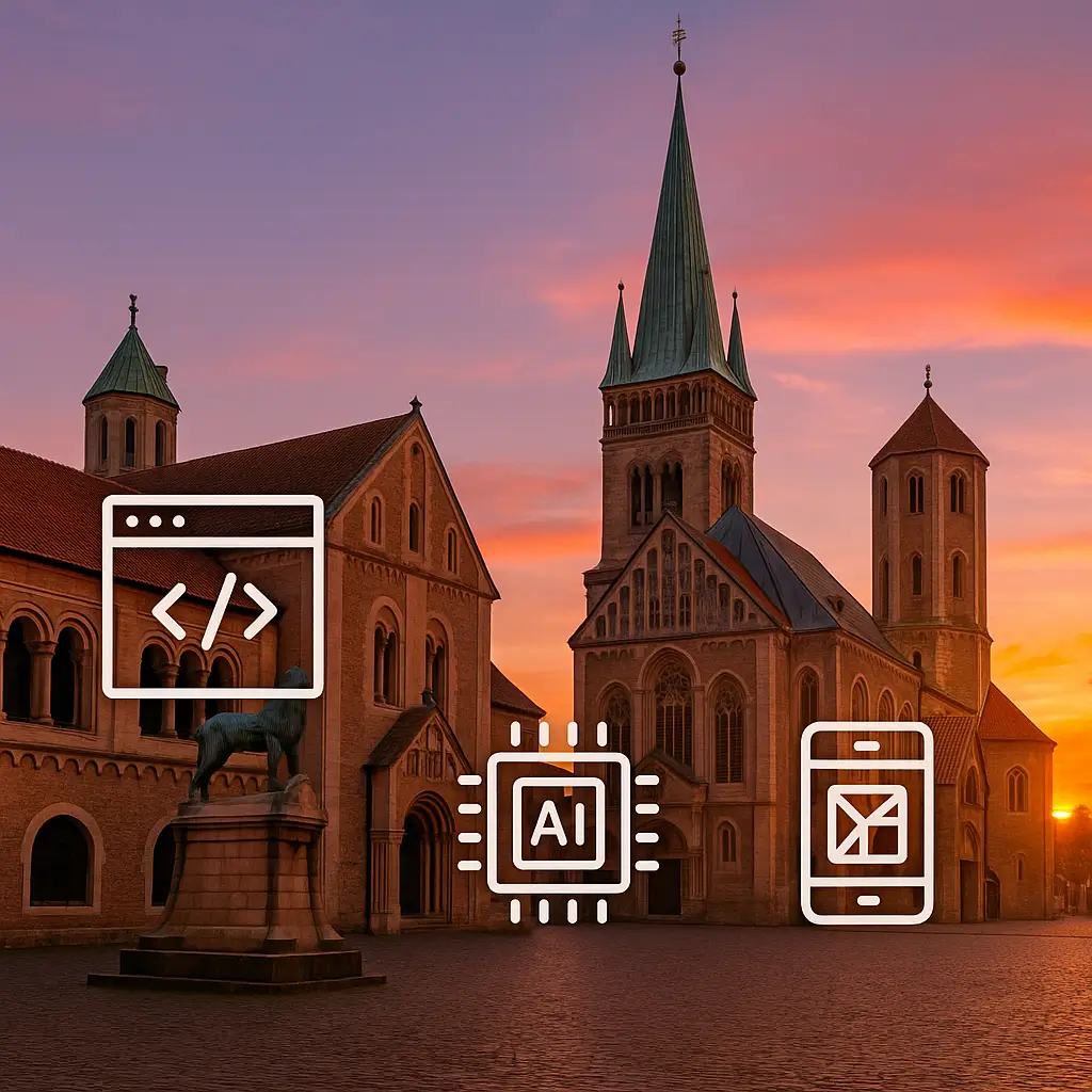 Burg Dankwarderode & Dom St. Blasii Braunschweig bei Sonnenuntergang; Icons für Webentwicklung, KI, Cybersicherheit, UX/UI