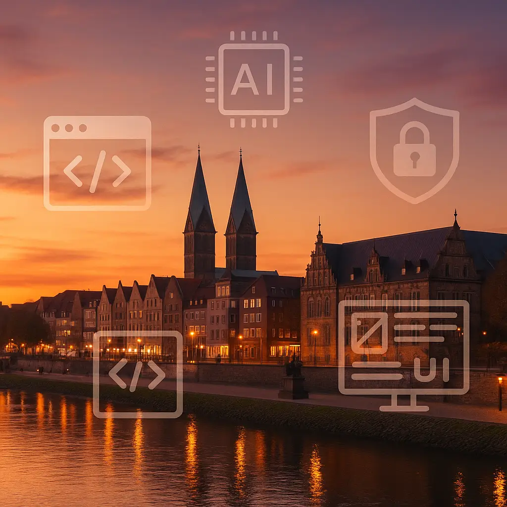 Schlachte-Promenade Bremen bei Sonnenuntergang, Weser spiegelt Lichter; Icons für Webentwicklung, KI, Cybersicherheit, UX/UI
