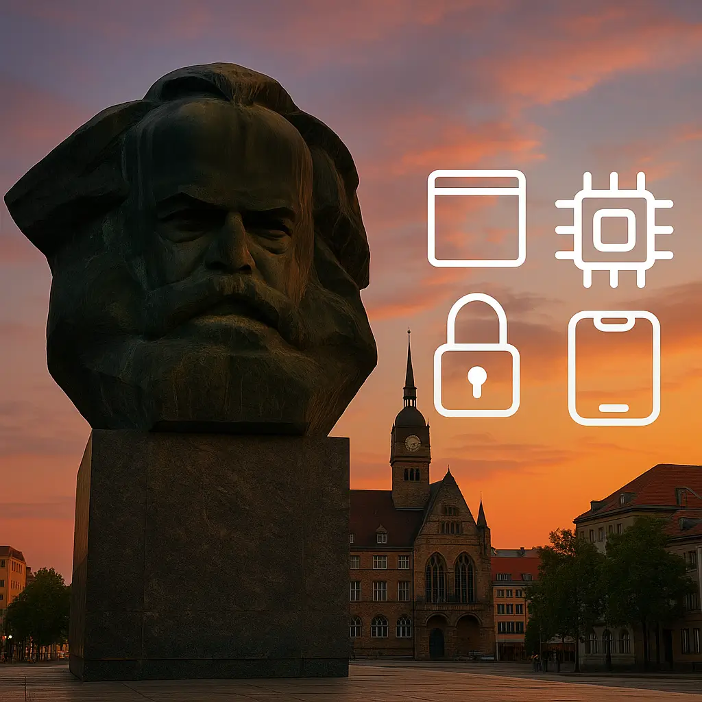 Karl-Marx-Kopf Chemnitz bei Sonnenuntergang; Icons für Webentwicklung, KI, Cybersicherheit, UX/UI