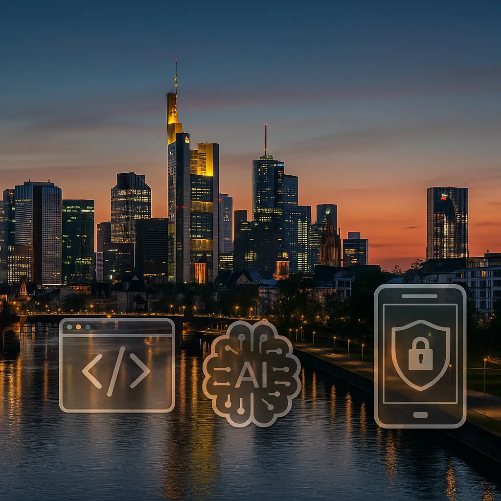 Frankfurter Skyline bei Sonnenuntergang mit Main und Tech-Icons für Web, AI, Sicherheit, UI