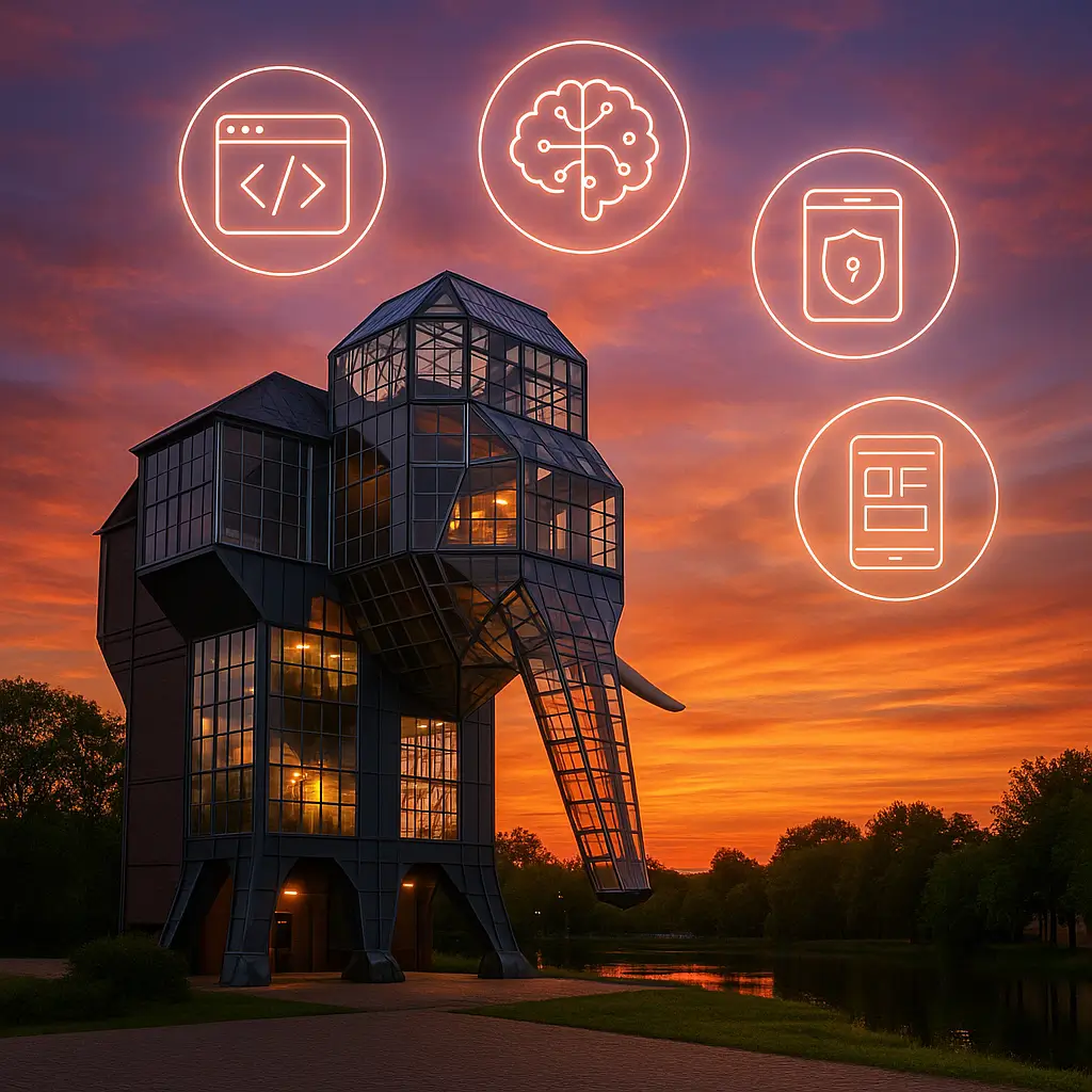 Glaselefant im Maximilianpark Hamm bei Sonnenuntergang; Icons für Webentwicklung, KI, Cybersicherheit, UX/UI