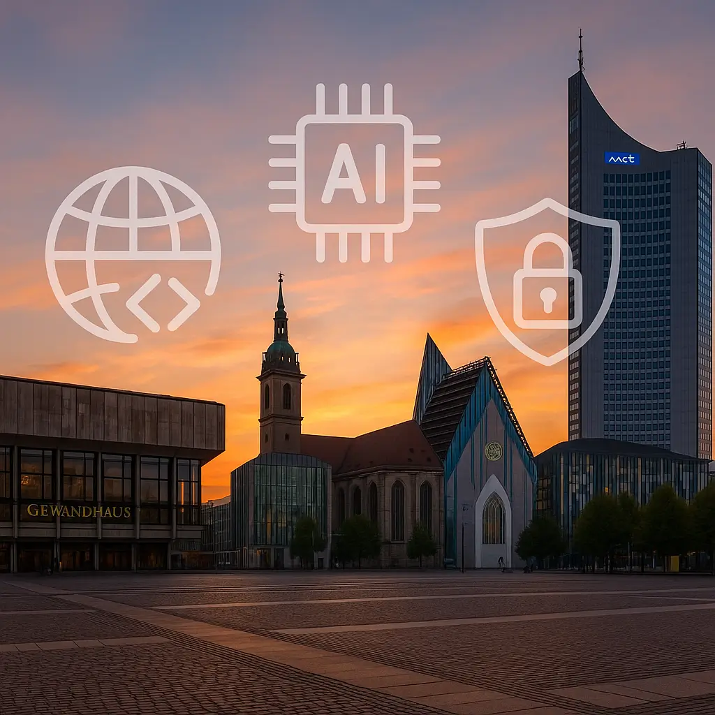 Augustusplatz Leipzig bei Sonnenuntergang mit Gewandhaus, Uni-Kirche, City-Hochhaus; Icons für Web, KI, Sicherheit, UX/UI