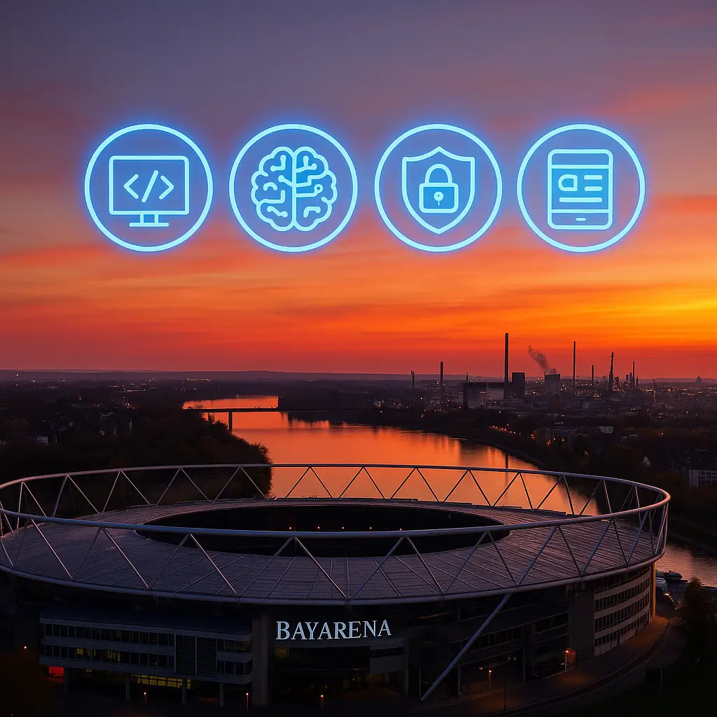 BayArena Leverkusen bei Sonnenuntergang, Rhein und Chemiepark im Hintergrund; Icons für Webentwicklung, KI, Cybersicherheit, UX/UI