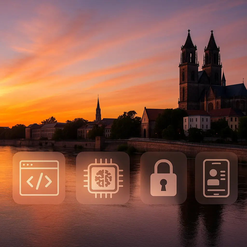 Magdeburger Dom und Elbufer bei Sonnenuntergang; Icons für Webentwicklung, KI, Cybersicherheit, UX/UI