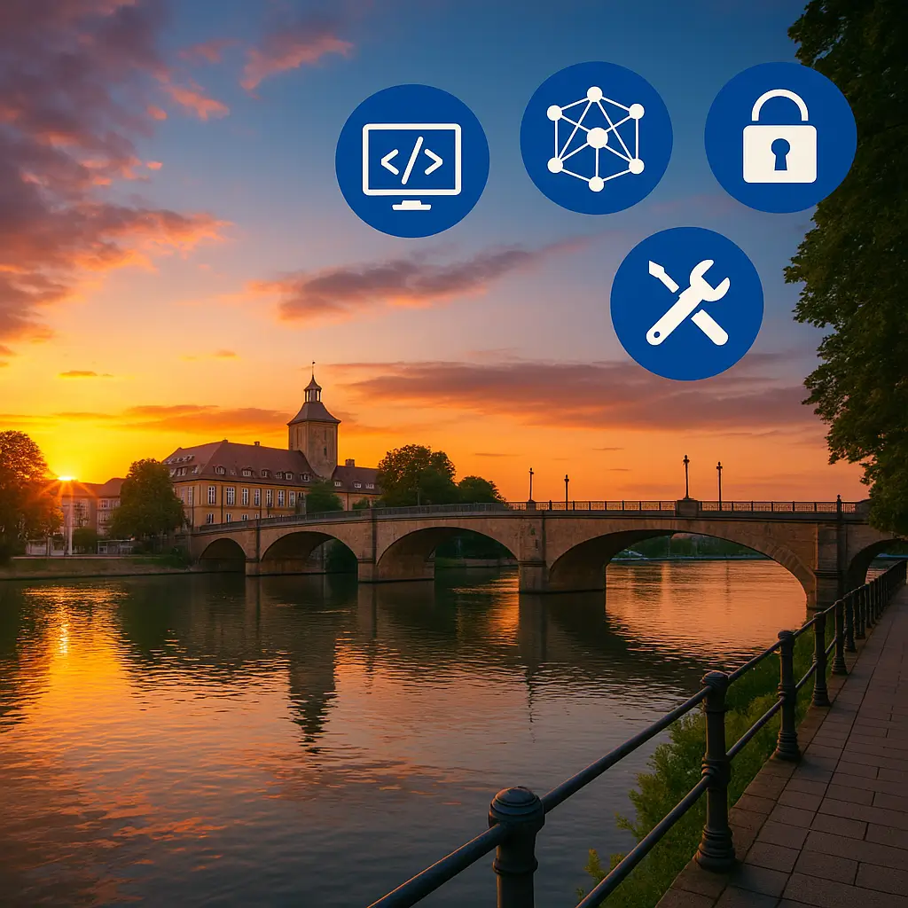 Schlossbrücke Mülheim an der Ruhr bei Sonnenuntergang; Icons für Webentwicklung, KI, Cybersicherheit, UX/UI