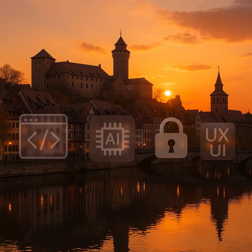 Kaiserburg Nürnberg bei Sonnenuntergang über Pegnitz; Icons für Webentwicklung, KI, Cybersicherheit, UX/UI