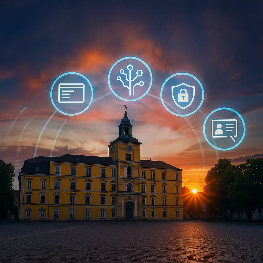 Residenzschloss Oldenburg bei Sonnenuntergang; Icons für Webentwicklung, KI, Cybersicherheit, UX/UI