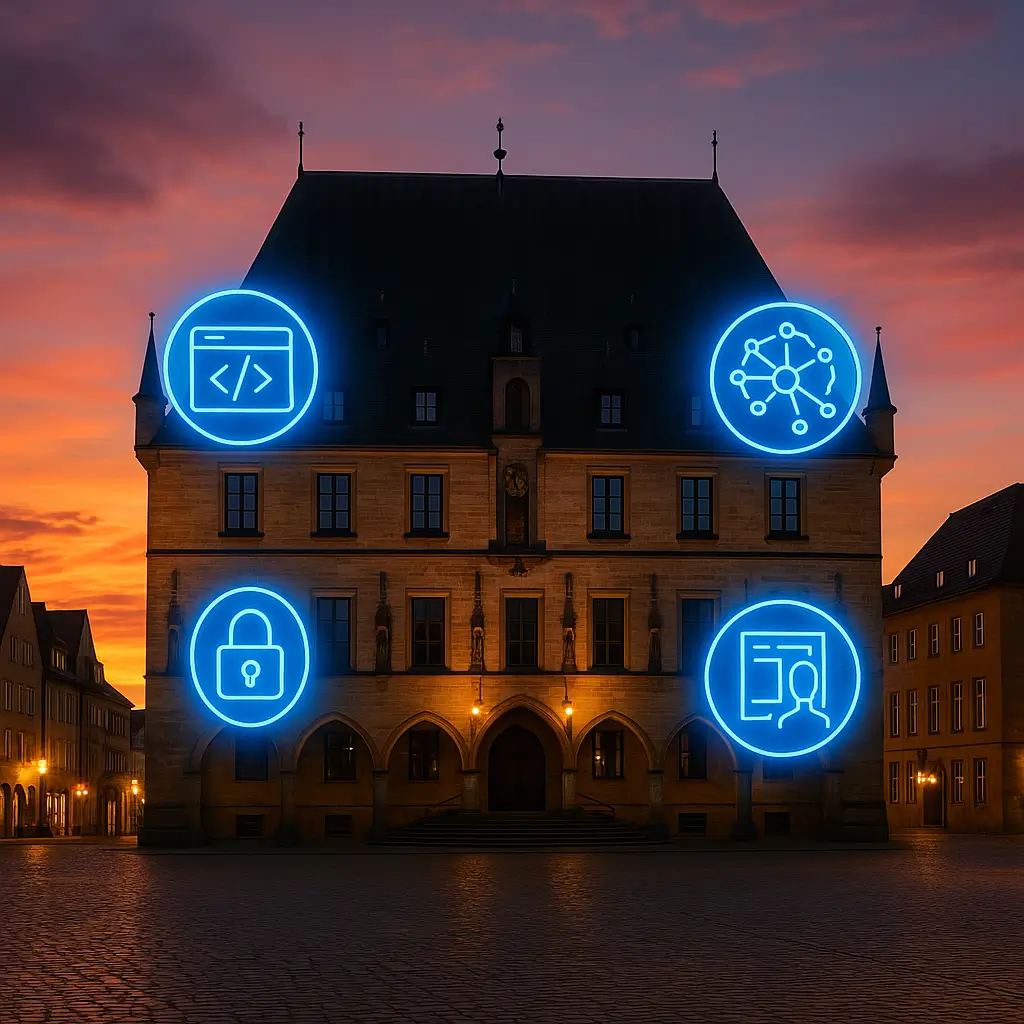 Historisches Rathaus Osnabrück bei Sonnenuntergang; Icons für Webentwicklung, KI, Cybersicherheit, UX/UI