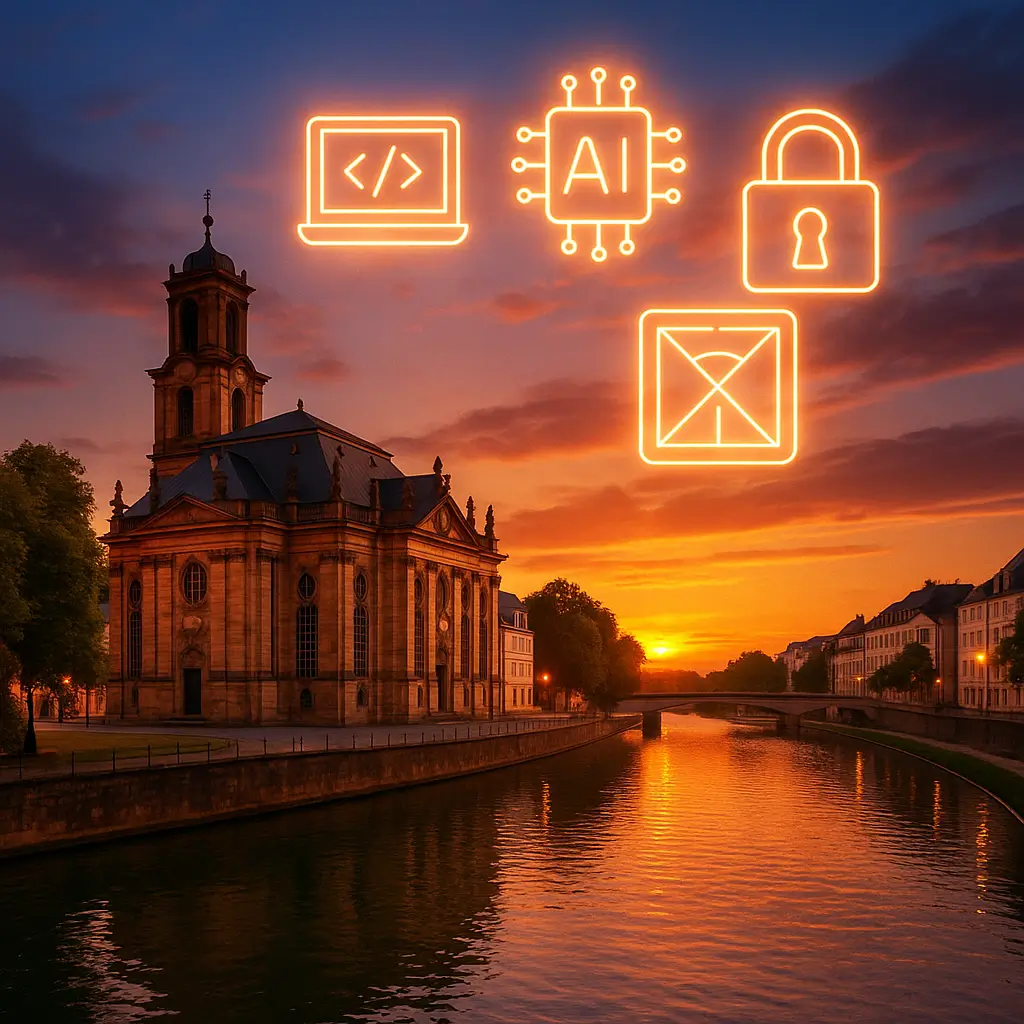 Ludwigskirche Saarbrücken am Saarufer bei Sonnenuntergang; Icons für Webentwicklung, KI, Cybersicherheit, UX/UI