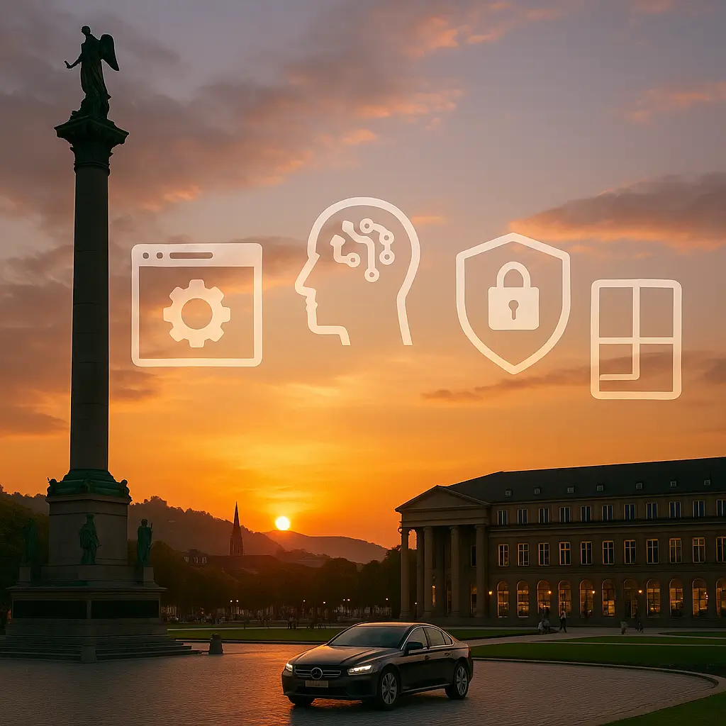 Schlossplatz Stuttgart bei Sonnenuntergang mit Auto im Vordergrund; Icons für Web, KI, Sicherheit, UI