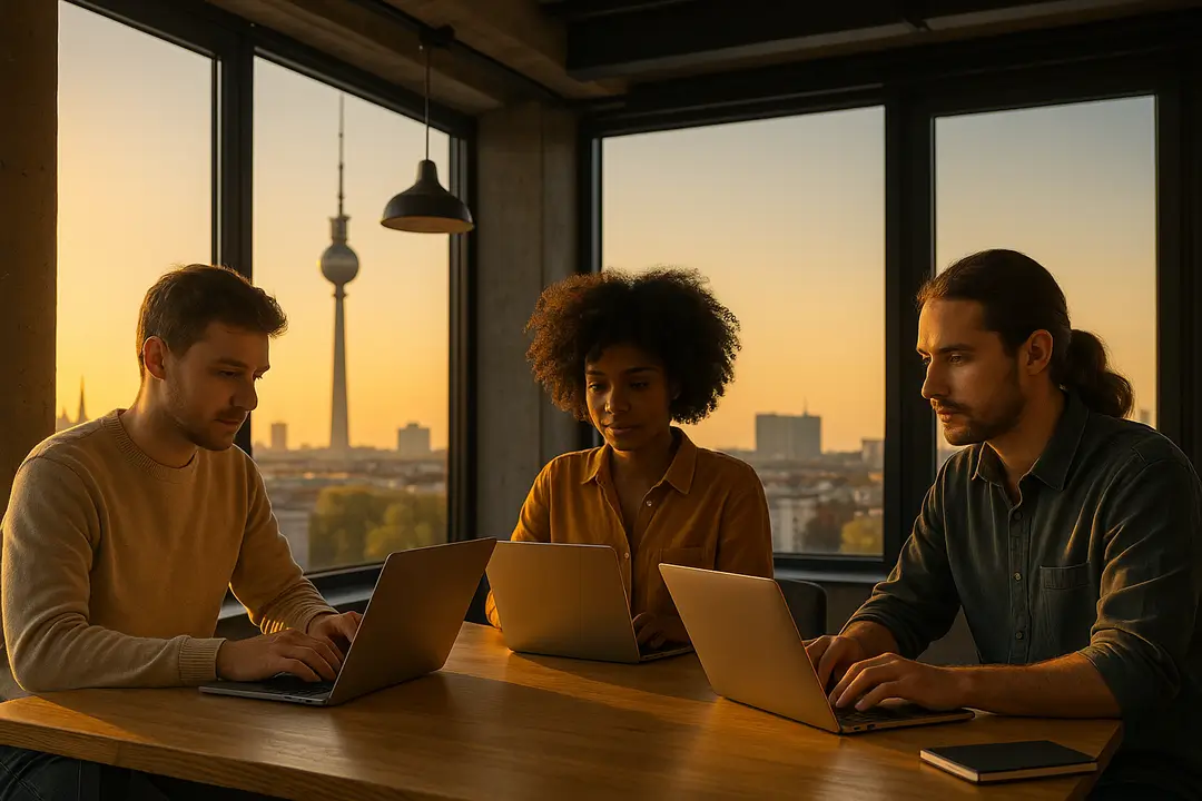 Three young adults work on laptops around a wooden table in a Berlin coworking space as golden sunset light streams through floor-to-ceiling windows framing the Fernsehturm skyline.
