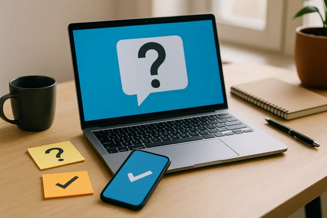 Aufgeräumter Schreibtisch mit Laptop, der eine Sprechblase mit Fragezeichen zeigt; daneben Notizzettel mit Frage- und Häkchensymbol, Smartphone mit blauem Häkchen, Kaffeetasse, Notizbuch und Stift – Symbolbild für häufig gestellte Fragen.