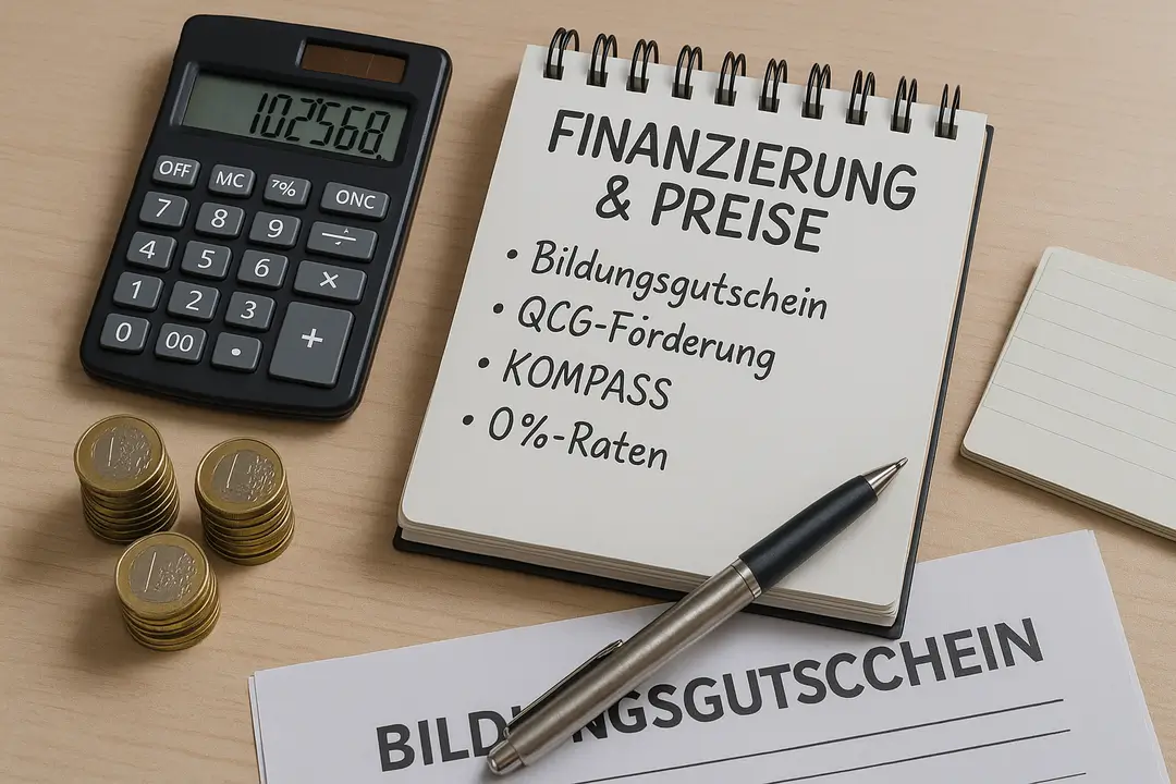 Taschenrechner, gestapelte Euromünzen, Spiral-Notizblock mit der Überschrift „Finanzierung & Preise“ und Bullet-Points zu Bildungsgutschein, QCG-Förderung, KOMPASS und 0 %-Raten; daneben Kugelschreiber und Formular „Bildungsgutschein“.