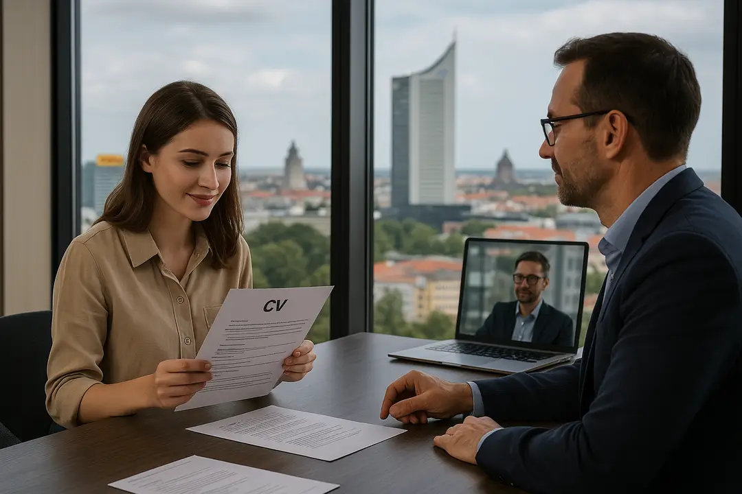 In einem modernen Büro mit Blick auf die Leipziger Skyline (City-Hochhaus und Völkerschlachtdenkmal) bespricht eine junge Frau ihren Lebenslauf mit einem Recruiter; ein Laptop zeigt zusätzlich einen Mentor im Video-Call.