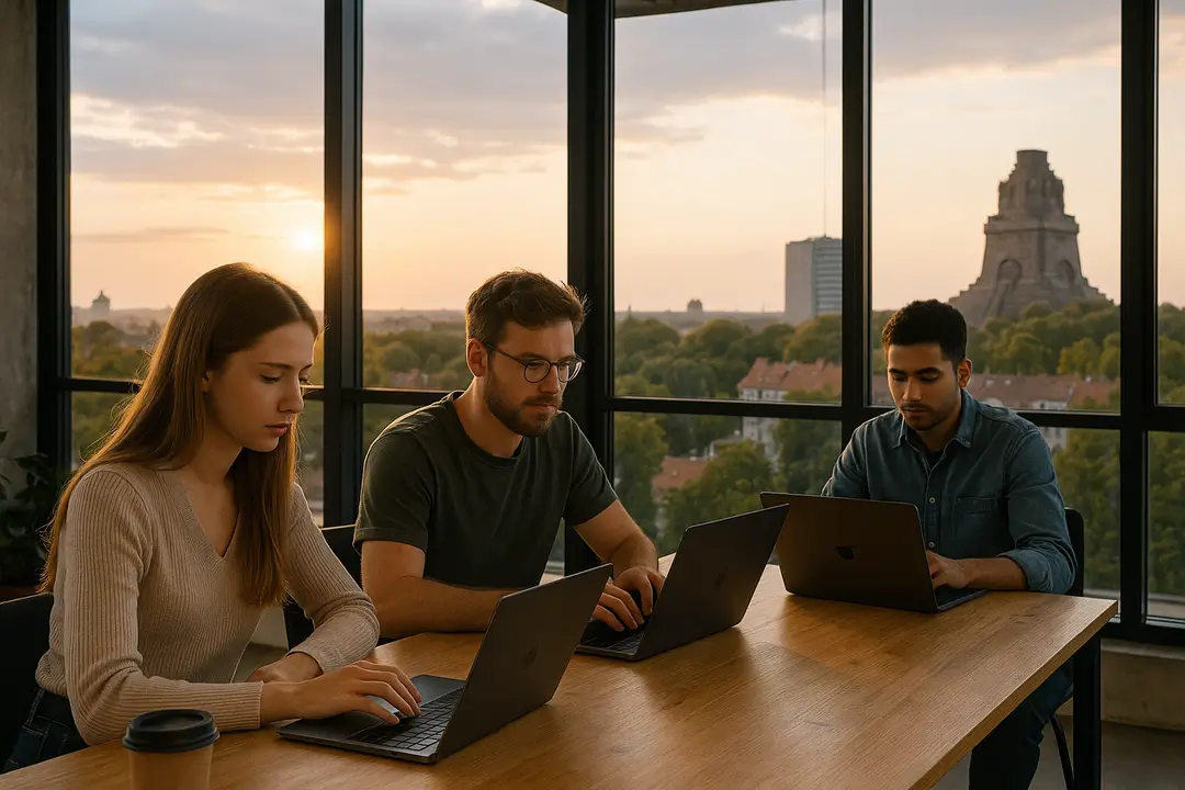 Three young adults work on laptops in a Leipzig coworking space as the setting sun streams through floor-to-ceiling windows, with the Völkerschlachtdenkmal monument visible in the background.