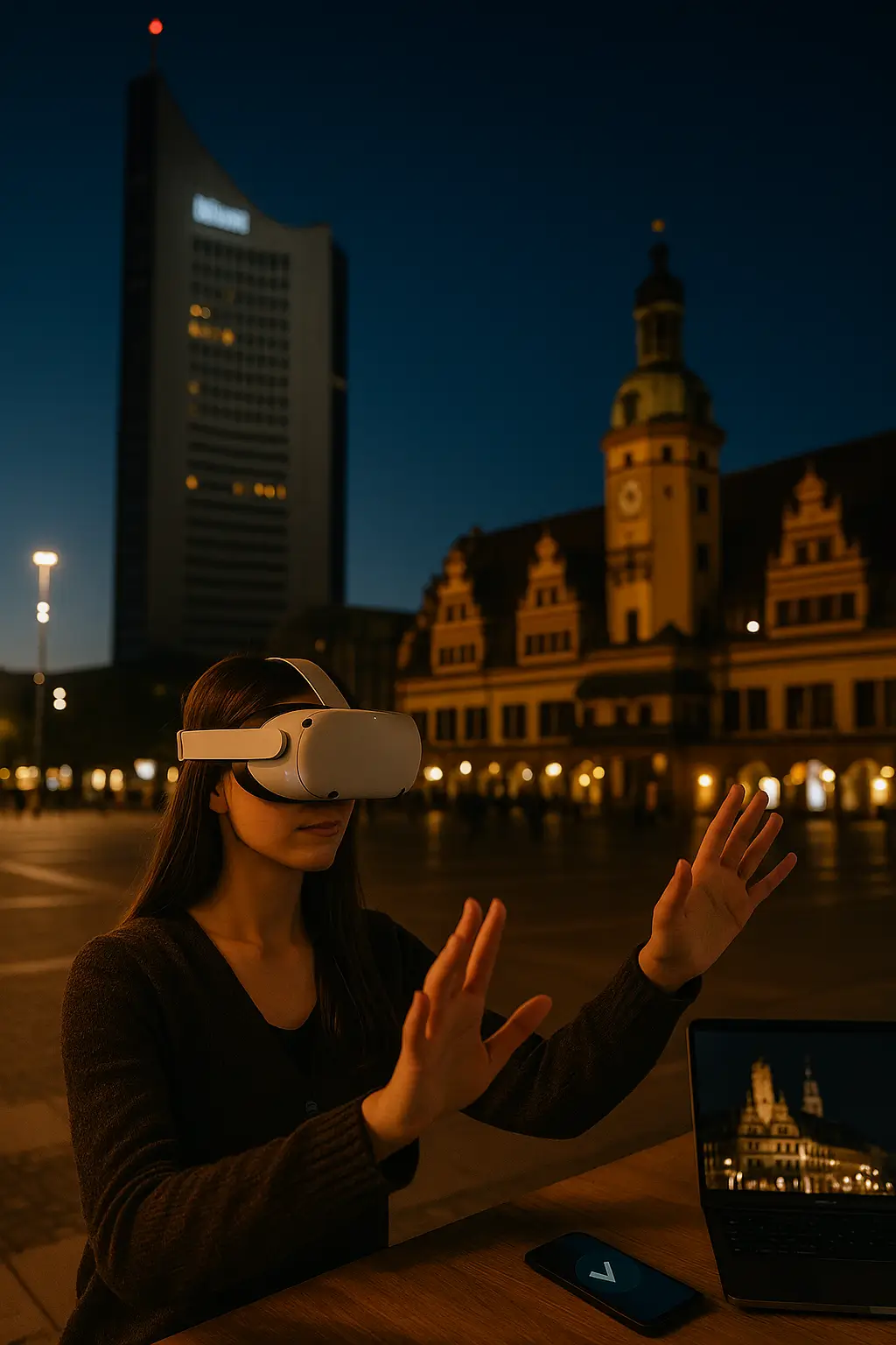 At night on Leipzig’s Augustusplatz, a young woman wearing a VR headset interacts with virtual content while the modern City-Hochhaus and the illuminated Old Town Hall rise in the background.