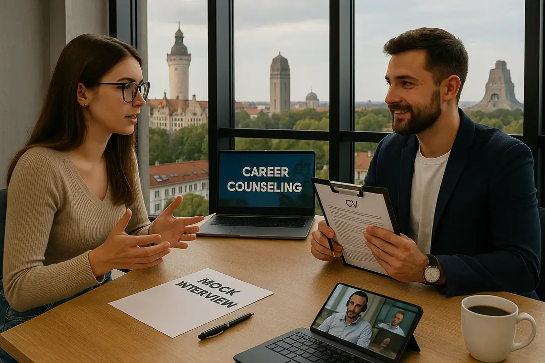  In a Leipzig office with city landmarks outside the window, a career coach reviews a CV with a young woman during a mock interview; a laptop reads “Career Counseling,” and a tablet shows a video call.