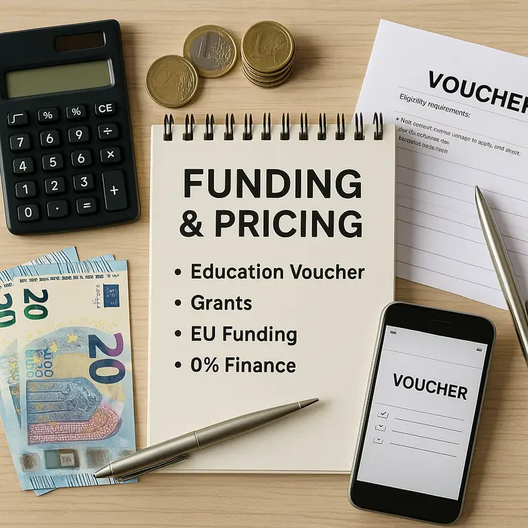 Flat lay of a notepad titled “Funding & Pricing” surrounded by Euro bills, coins, calculator, voucher form, pen and smartphone showing a voucher.
