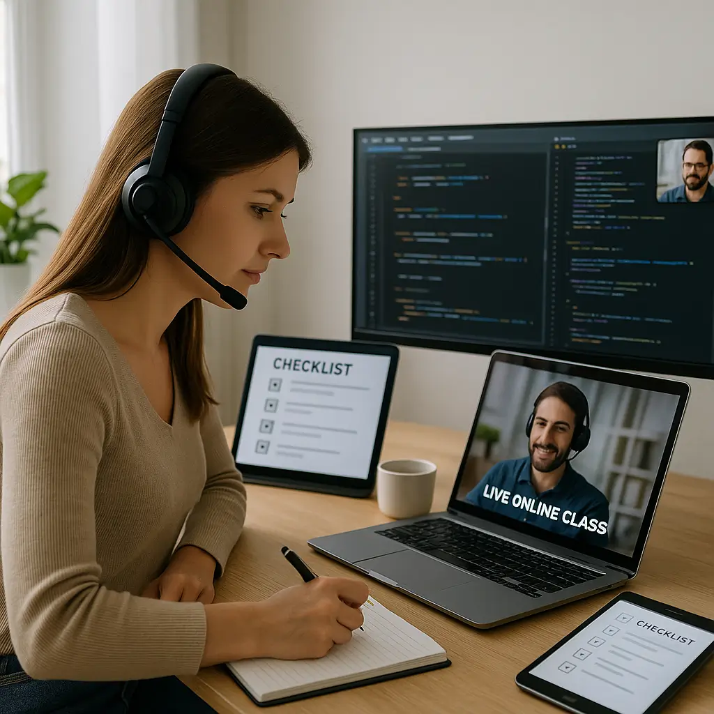 Young woman in a headset follows a live online class on her laptop, with code on an external monitor and checklists on tablets, while taking notes at a bright home office desk.